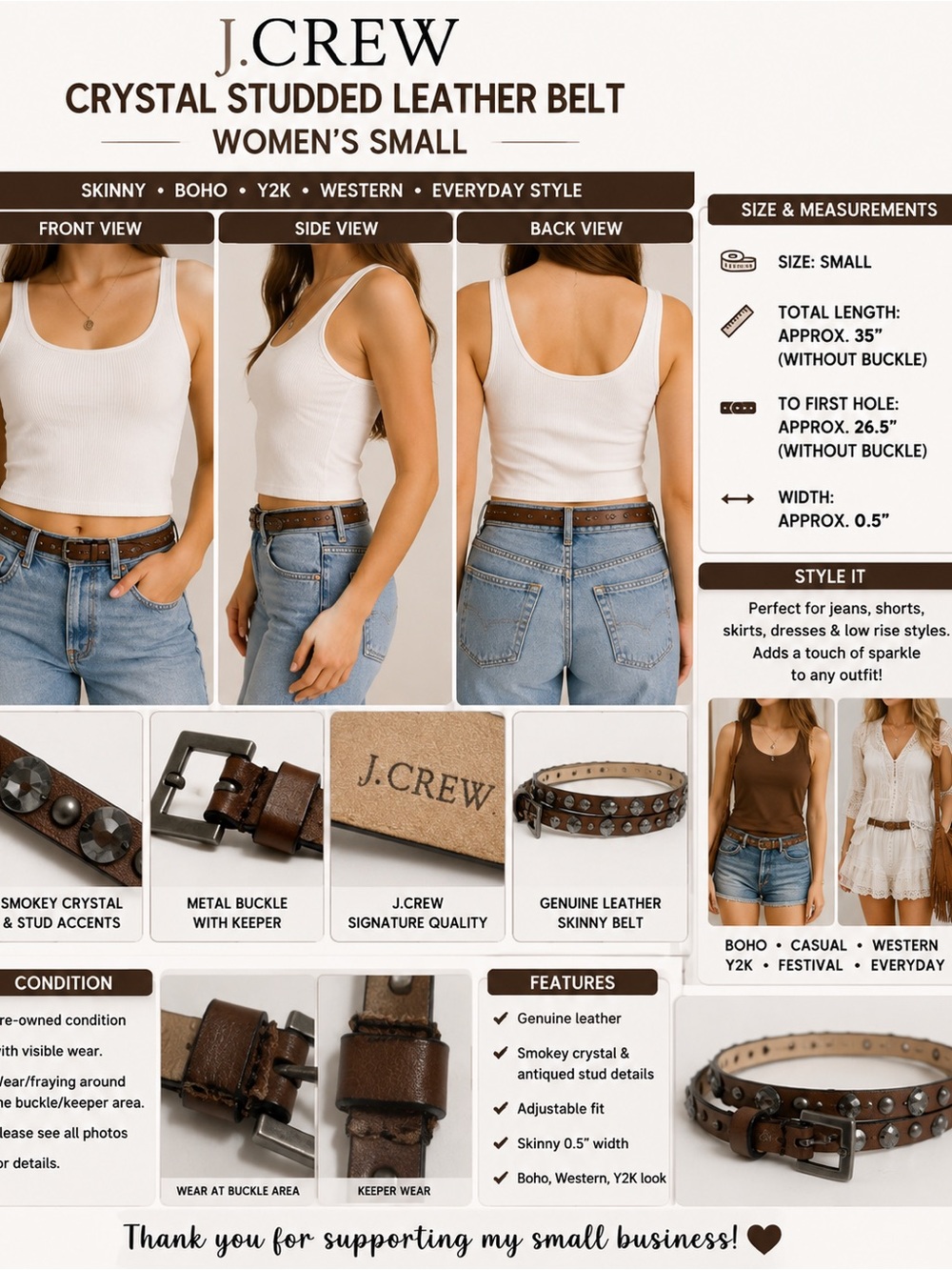 J.Crew Skinny Brown Leather Crystal Studded Belt Women’s Small Boho Y2K 35” - Picture 1 of 10